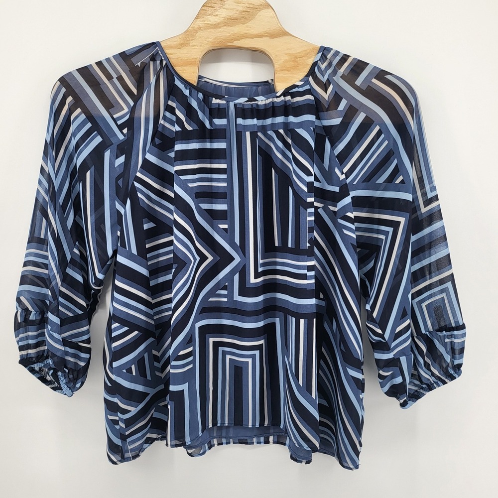 Calvin Klein Women's 1X Geometric Print 3/4 Sleeve Sheer Blouse Career Top‎ Blue